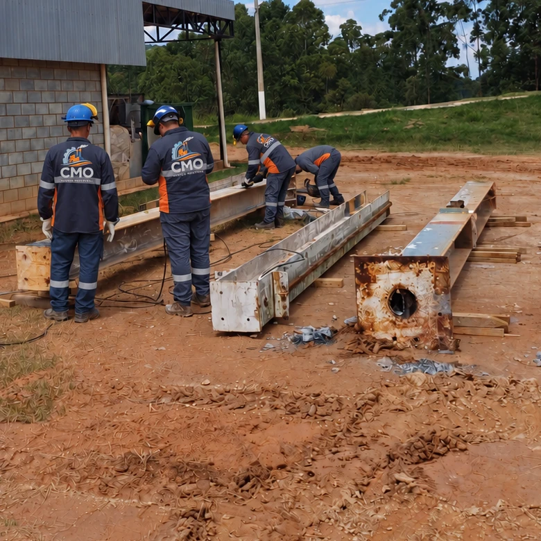 Equipe da CMO uniformizada trabalhando em vigas metálicas