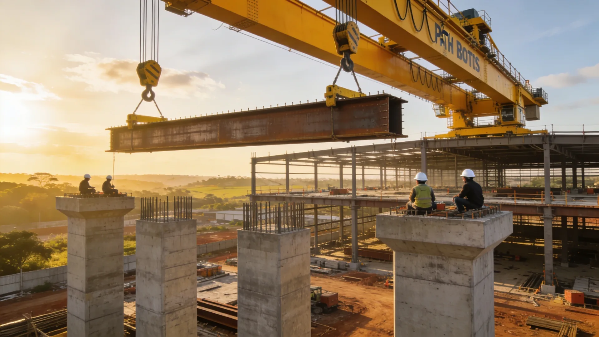 Pilares de estrutura metálica em montagem